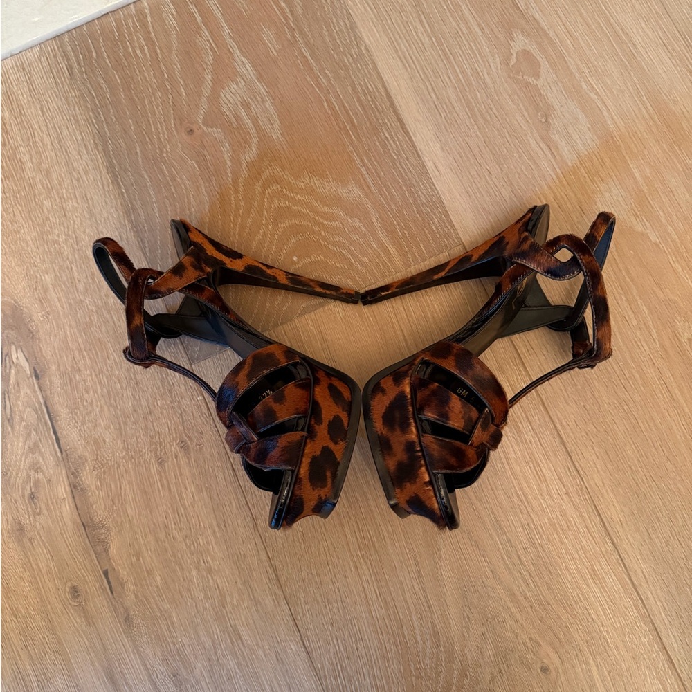 Saint Laurent Calf hair animal Print T strap High Heel Sandals 37.5 ✨ NEW - Picture 5 of 10